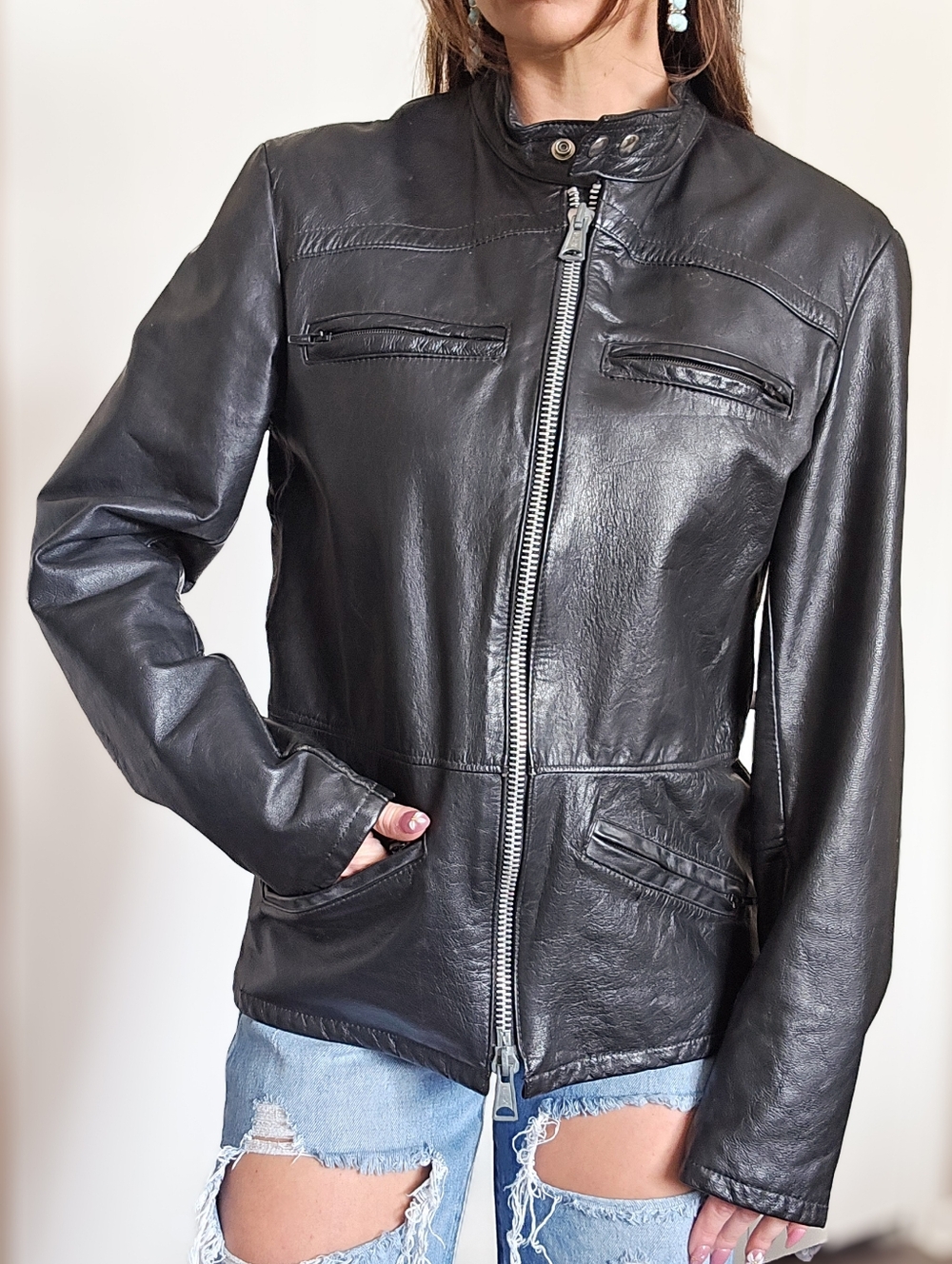 Vintage Falcon Genuine Leather Jacket Black Moto Zip Snap Collar Women’s Size 40
